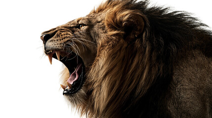 Ferocious male lion roaring with open mouth showing sharp teeth and thick mane © Eustace
