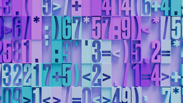 Dynamic Abstract Digital Artwork of Vibrant Numbers and Symbols in Rich Purple, Pink, Blue, and Teal Colors