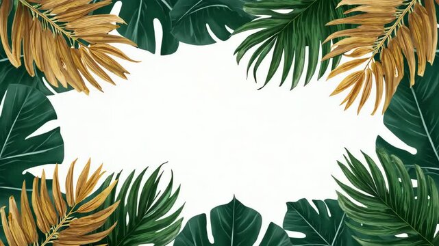 Creative nature background. Gold and green tropical palm leaves. Minimal summer abstract jungle or forest pattern. White paper frame copy space..