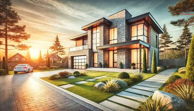 Elevated View of Modern Two-Story House at Sunset