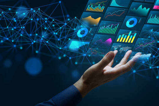 Data analysis dashboard. Real time analytics platform processing data streams to support business decision making and operational insights. Businessman holding graphs and charts.
