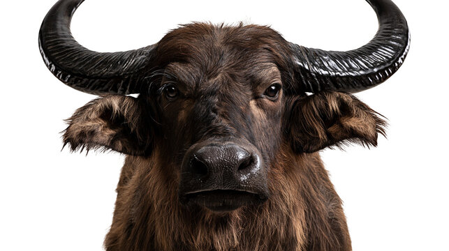 Close up portrait of a water buffalo with large curved horns and brown fur