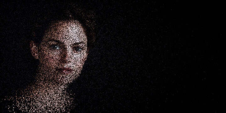 Digital ID Portrait of Woman with Face made up of Computer code. Fraud detection Concept with copy-space.