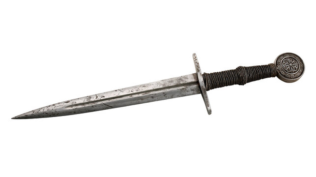 Antique medieval dagger with steel blade and wrapped wire handle