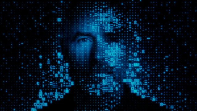 Male Face formed from Source Code, illustrating Virtual Identity Concept.