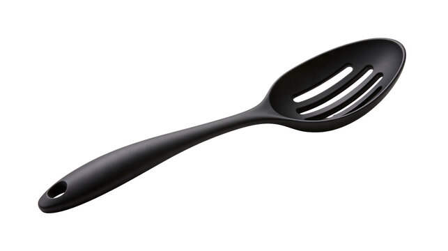 Black plastic slotted kitchen spoon with ergonomic handle