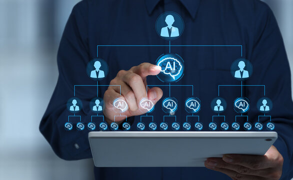 AI integration into business teams and workflows. AI agents as virtual team members. Businessperson touching AI ​​department on corporate organizational chart.