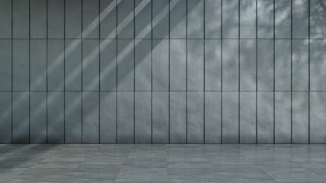 Vacant Metal Cladded Wall and Tiled Floor in Diagonal Sunlight Outdoor Environment Setting with Cast Shadows. City Life Concept with copy-space.