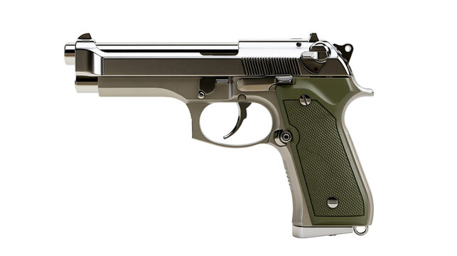 Polished chrome semi-automatic pistol with olive green textured polymer grips