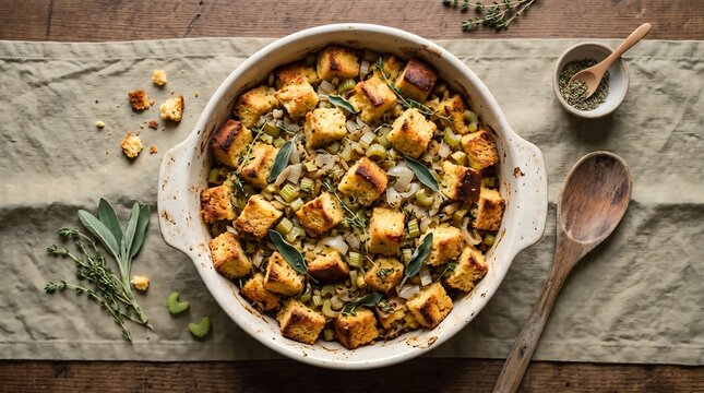 Overhead view of cornbread stuffing casserole in round baking dish with fresh herbs. Traditional thanksgiving herb stuffing on green runner. Homemade holiday side dish.