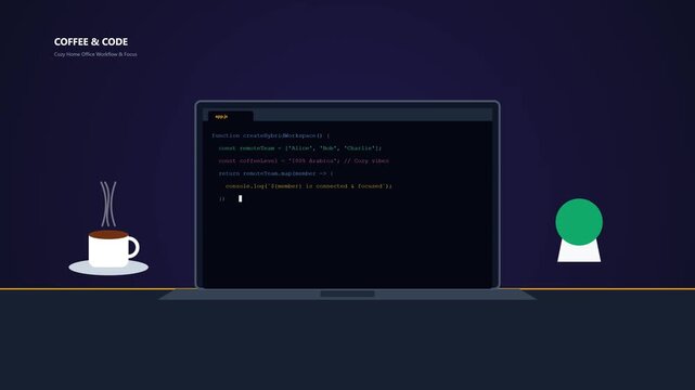Cozy home office workflow and focus with coffee and coding animation
