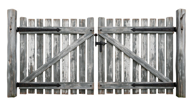 Weathered grey wooden double gate with black iron hinges and latch