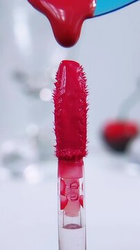 Red liquid poured onto a makeup brush. Extreme front close up of brush with red liquid flowing. Isolated on soft white background. Beauty product concept.