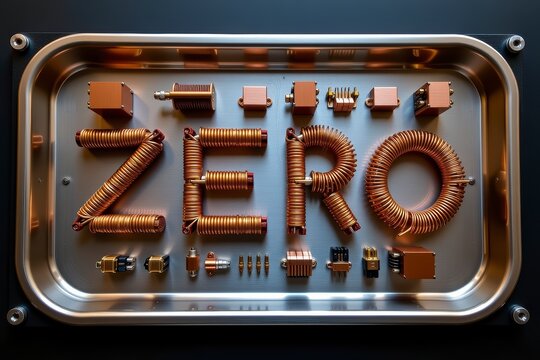 Copper wire coils arranged as letters spelling zero in industrial style with miniature electronic components on gray background
