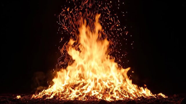 Intense bonfire flames with rising sparks isolated on black background, for cinematic effects
