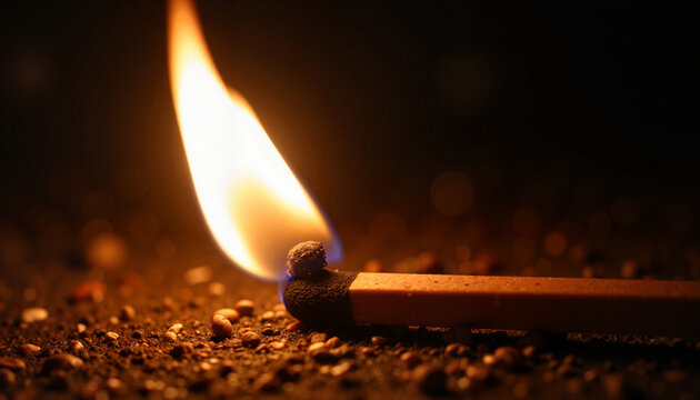 A burning match ignites with a bright flame on a dark, gritty surface, casting warm light and sparks. Ideal for podcast cover art or abstract visual metaphor on ignition 