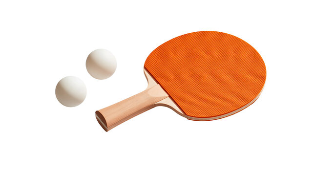 Orange rubber table tennis paddle with two white ping pong balls