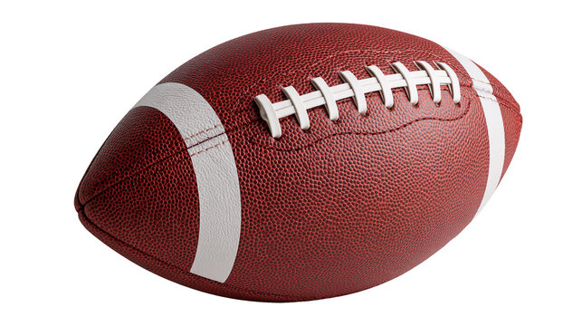 Brown leather American football with white laces and white stripes