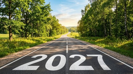 Obraz premium Happy new year 2027 concept painted on an asphalt road leading into the forest