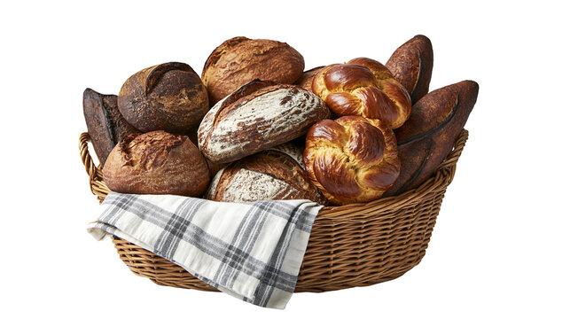 Assorted artisanal sourdough loaves and braided brioche rolls in a wicker basket