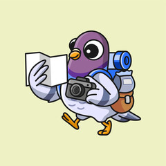 Obraz premium Adorable Pigeon Traveller Carrying a Camera, Map and Backpack, Charming Cartoon Animal Character Illustration for Travel, Wildlife Photography, Adventure and Exploration Designs