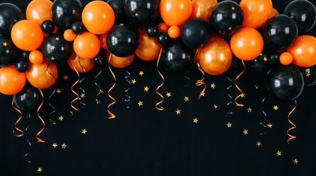 Happy new year black and orange balloons with falling golden confetti