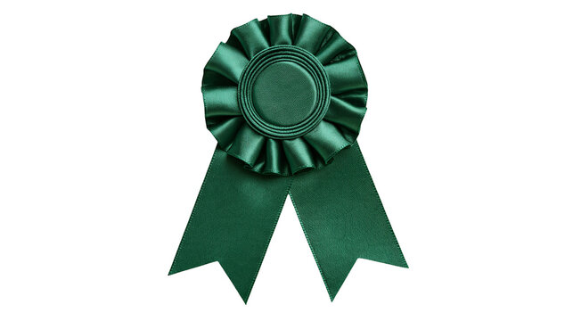 Dark green satin ribbon rosette award badge with two hanging tails