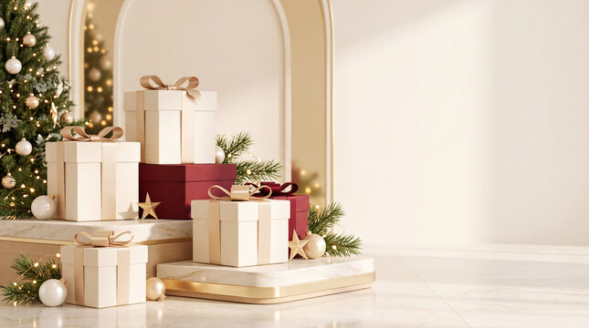 Elegant Christmas Gift Boxes and Festive Tree with Large Copy Space