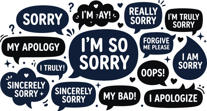 Hand-drawn apology speech bubbles with sorry text, forgiveness message collection, dark blue vector icons for sincere apologies and regret