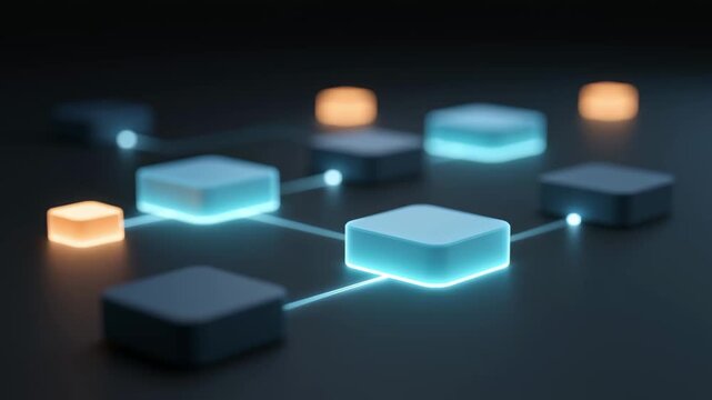 Animated digital blocks representing a decentralized network, with glowing nodes transmitting information and data packets, illustrating concepts of modern technology and global connection