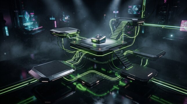 Floating asymmetric podium with layered platforms connected by glowing lime neon energy lines, futuristic product display with dramatic dark atmosphere