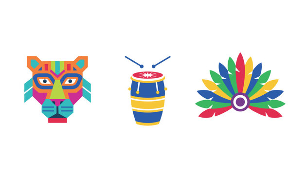 Set of three colorful Brazilian carnival festival icons including a tiger mask, conga drum, and feather headdress.