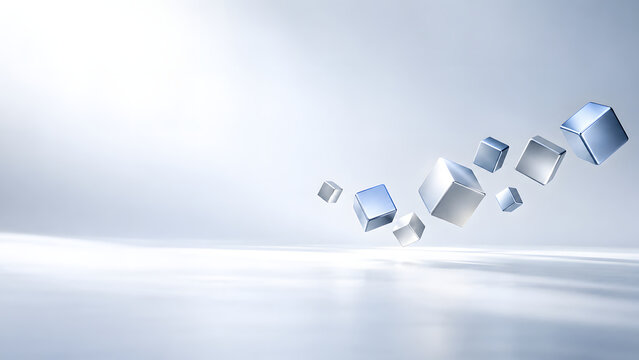 Floating Metallic Silver Cubes on White Background with Copy Space for Technology and Innovation