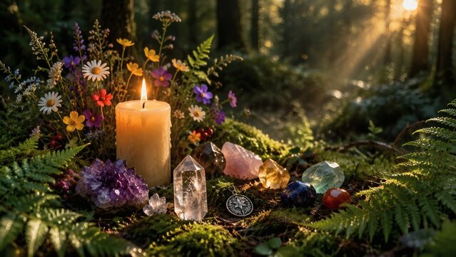 Mystical Forest Ritual: A sacred circle of healing crystals, vibrant wildflowers, and a softly burning candle rests amidst lush ferns and moss in a sun-dappled forest clearing.