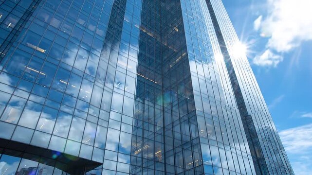 Modern glass skyscraper exterior with sun flare and reflective clouds in blue sky