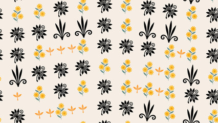 Seamless pattern of yellow flowers and black stylized motifs © nyiberangah