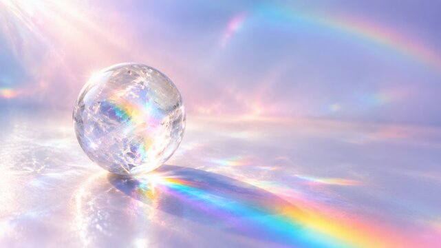 Crystal Orb Refraction: A clear crystal orb sits on a reflective surface, casting a spectrum of rainbow light and shadows as sunlight refracts through it.