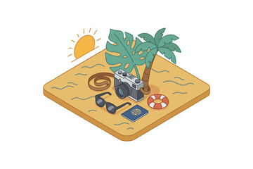 Fototapeta premium Travel camera with sunglasses, passport and tropical leaf, summer vacation icon, isometric perspective, solid color vector, clean shapes, isolated white background
