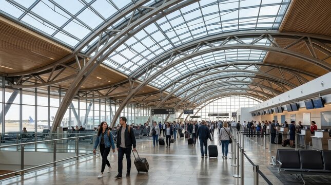 Modern airport terminal with travelers walking under curved glass roof