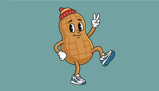 Energetic peanut cartoon character wearing a colorful beanie and sneakers gesturing peace sign on green background.