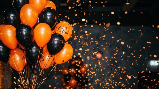 Happy new year bunch of black and orange balloons with falling confetti