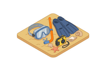 Fototapeta premium Snorkeling mask, swimming fins and underwater camera, tropical summer vacation icon, isometric perspective, solid color vector, simple clean shapes, isolated white background