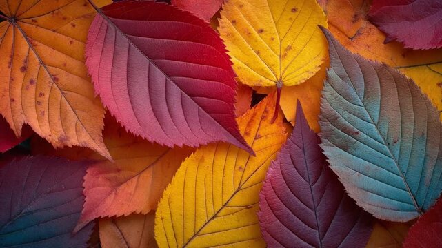 Autumn leaves pattern with cinematic motion during golden hour light for nature concept