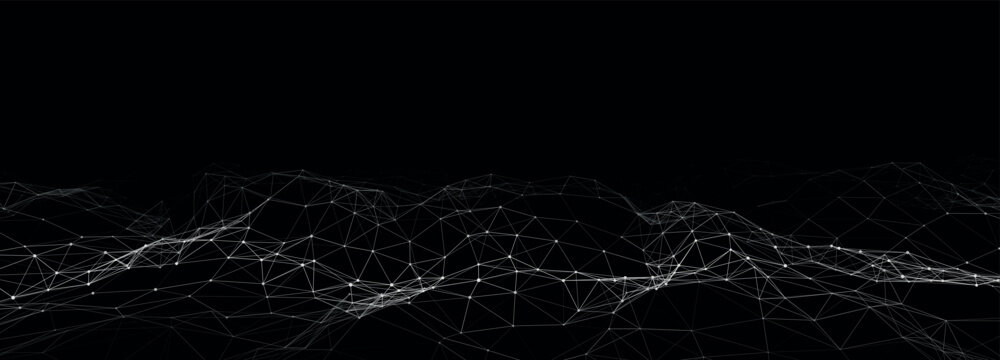 Dynamic wave with connected dots and lines on a dark background. Digital wave background concept. Abstract technology background. Big data visualization. Vector illustration.