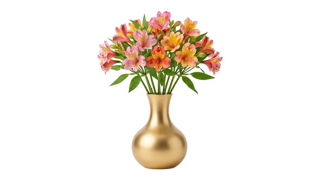 Vibrant alstroemeria bouquet in a gold vase, colorful Peruvian lilies floral arrangement, elegant home decor centerpiece for spring isolated PNG with Transparent Background
