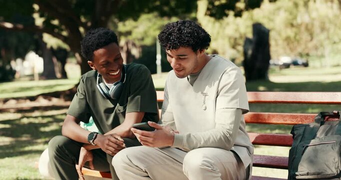 Phone, nurse and happy with students in park for medical entrance exam, result and support. Healthcare college, success and study schedule with men outdoor for online portal and doctor trainee