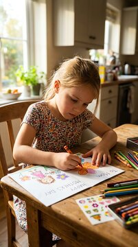 Young Girl Coloring at Rustic Kitchen Table