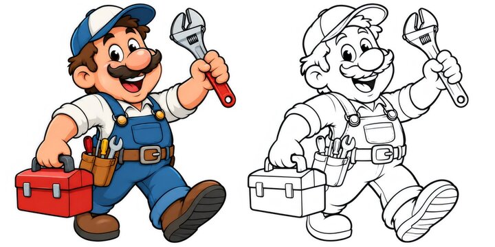 Plumber or repairman cartoon carrying toolbox and wrench