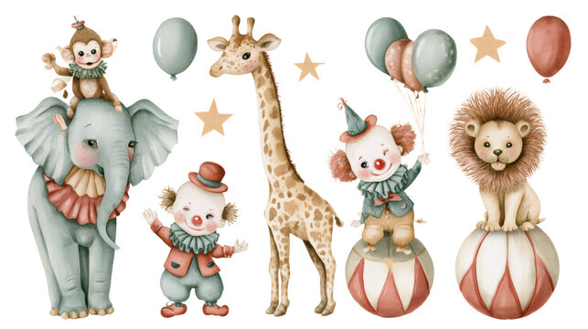 Watercolor circus animals and clowns with balloons, including elephant, monkey, giraffe and lion, arranged on a black background for a playful children's party design.