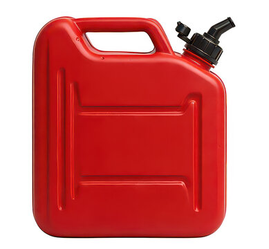 Red plastic fuel canister for gasoline storage, isolated on a transparent background, industrial liquid container for automotive emergency refueling, png resource